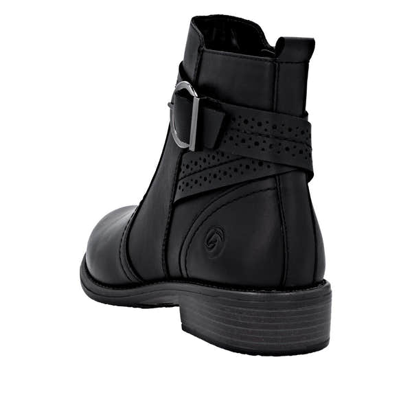 Remonte D0F81-00 women's black leather ankle boot with side zipper and buckle, pointed toe, low block heel, stylish and versatile footwear.