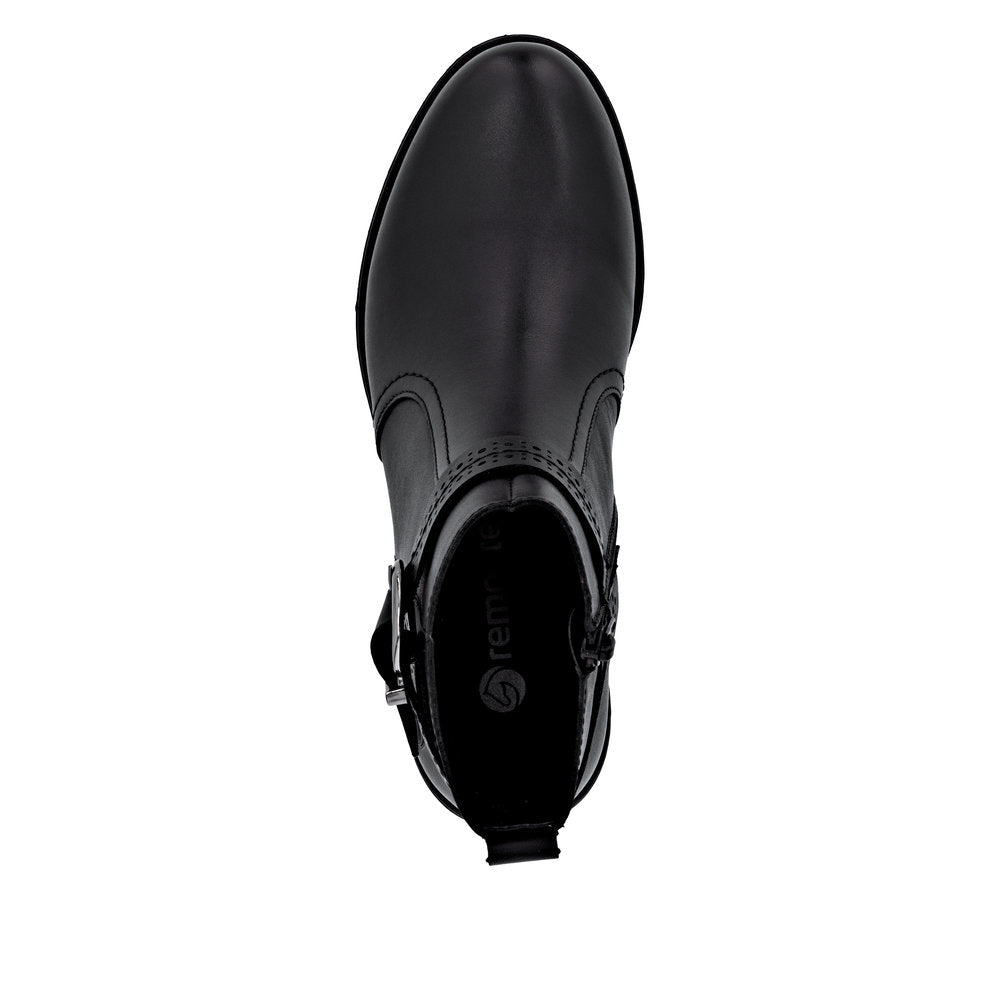 Remonte D0F81-00 women's black leather ankle boots with side zipper, pointed toe, and sleek design.