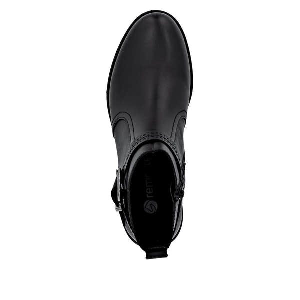 Remonte D0F81-00 women's black leather ankle boots with side zipper, pointed toe, and sleek design.