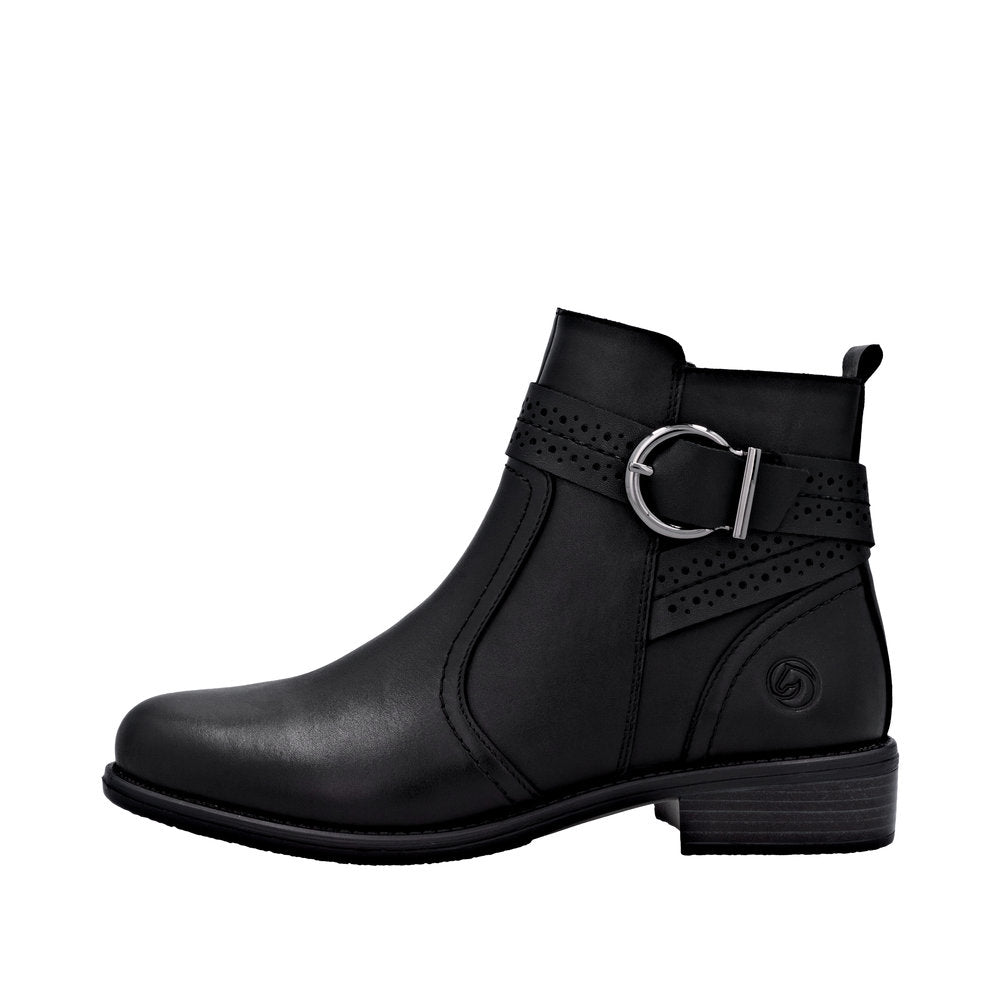 Remonte D0F81-00 women's black leather ankle boots with side zipper, buckle strap, low heel, and stylish design.