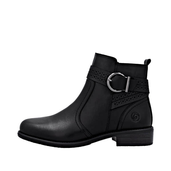 Remonte D0F81-00 women's black leather ankle boots with side zipper, buckle strap, low heel, and stylish design.