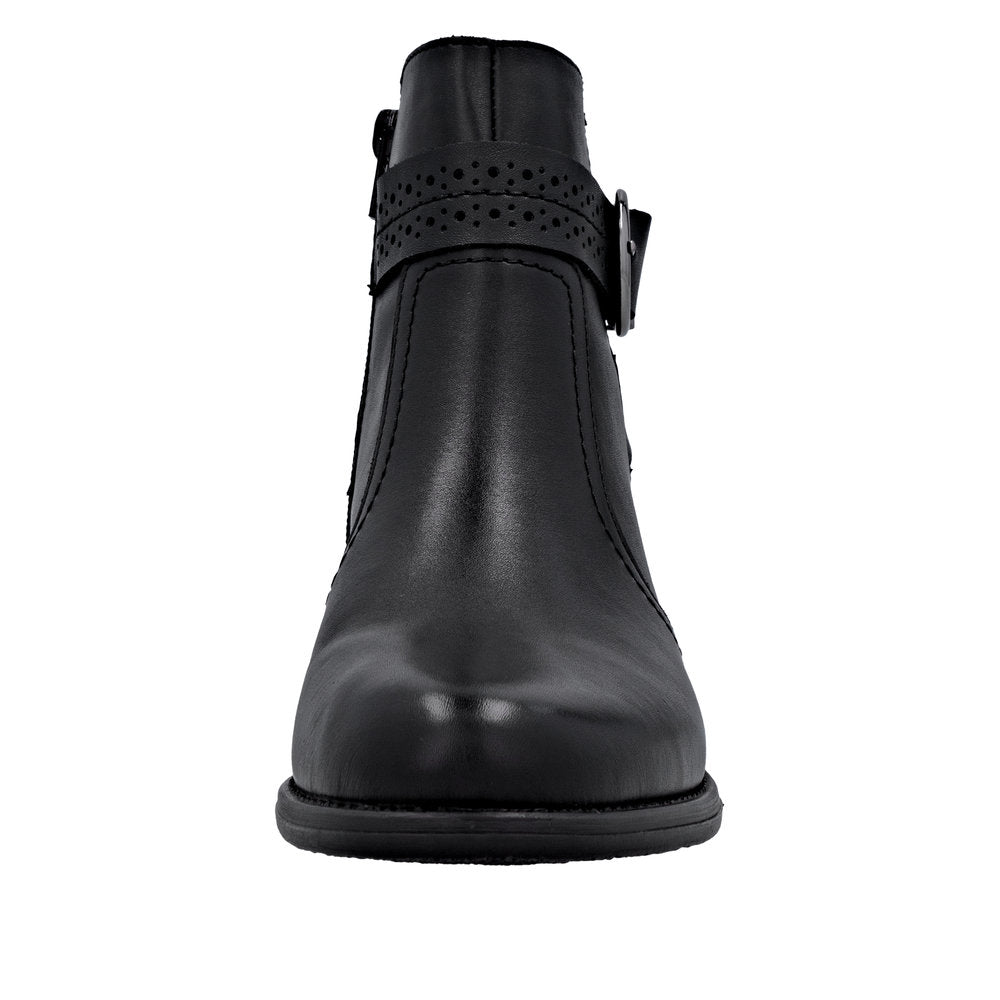 Remonte D0F81-00 women's black leather ankle boots with side zipper and strap detail.