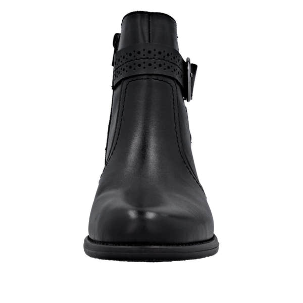 Remonte D0F81-00 women's black leather ankle boots with side zipper and strap detail.