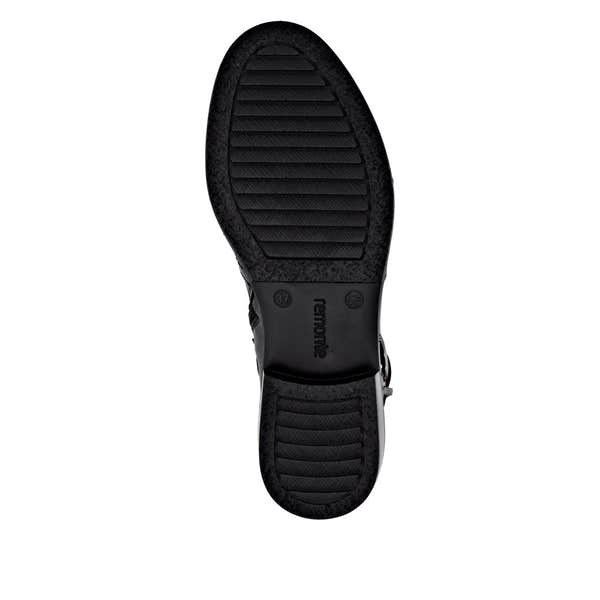Remonte D0F81-00 women's black leather ankle boots with side zipper, rubber sole, and low heel design.