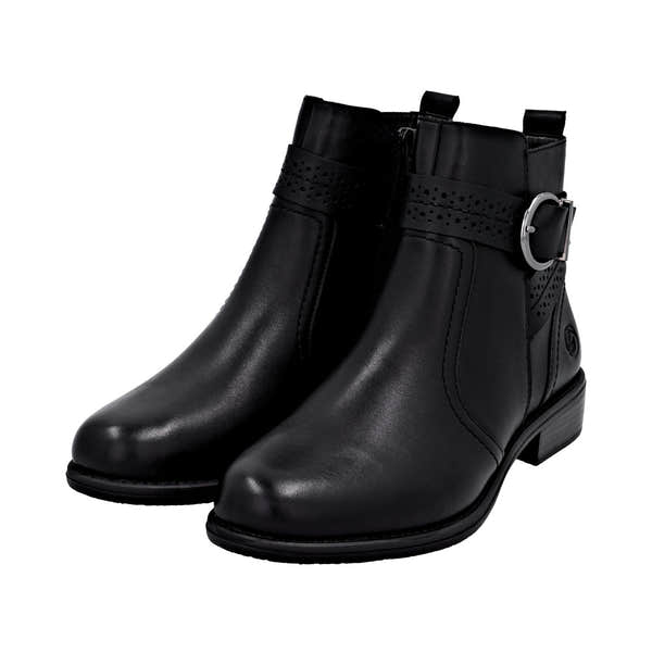 Remonte Ladies Black Leather Side Zip Ankle Boots with Buckle detail and low block heel.