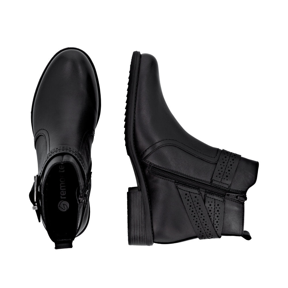 Remonte D0F81-00 women's black leather ankle boots with side zippers and chunky heels.