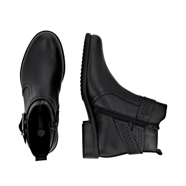 Remonte D0F81-00 women's black leather ankle boots with side zippers and chunky heels.