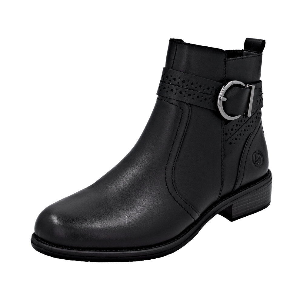 Remonte D0F81-00 women's black leather ankle boots with side zipper, perforated strap detail, and low block heel.