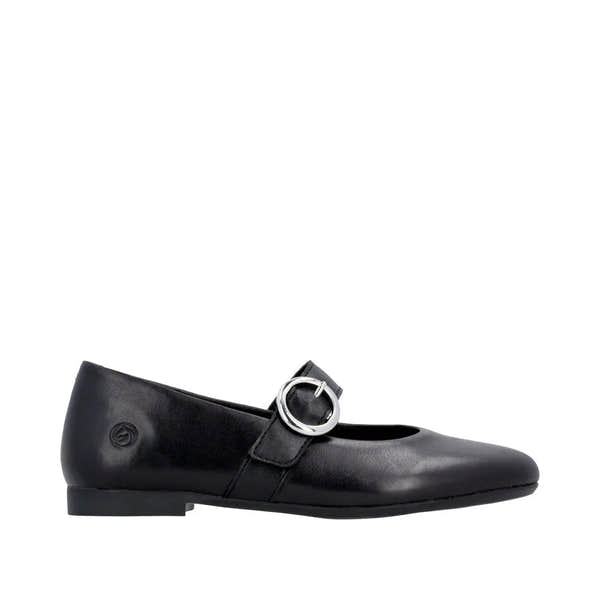 Black leather ladies' shoes with a touch fastening strap and silver buckle, flat sole, and rounded toe.