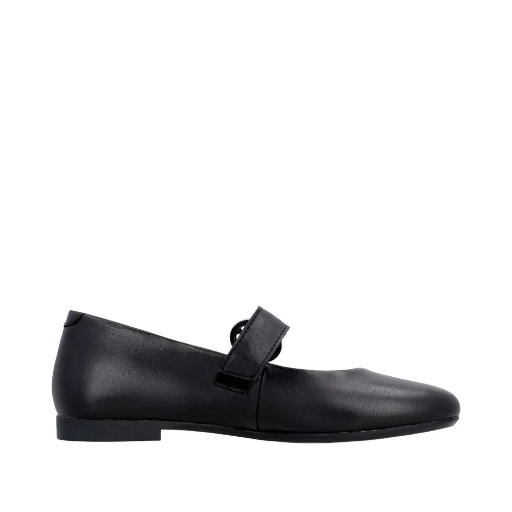 Black leather touch fastening shoes with a sleek design and flat sole, ideal for casual and smart outfits.