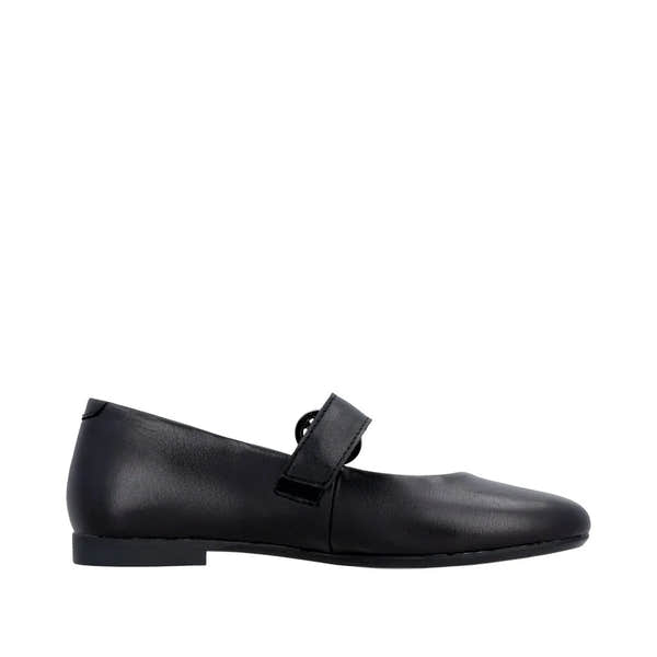 Black leather touch fastening shoes with a sleek design and flat sole, ideal for casual and smart outfits.