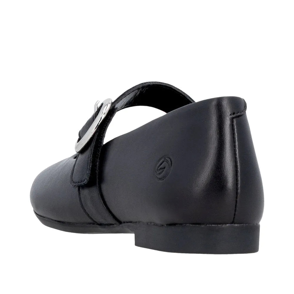 Black leather ladies' shoes with a touch fastening strap and decorative silver ring detail. Casual, comfortable style.