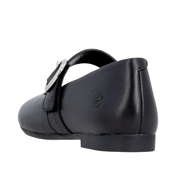 Black leather ladies' shoes with a touch fastening strap and decorative silver ring detail. Casual, comfortable style.