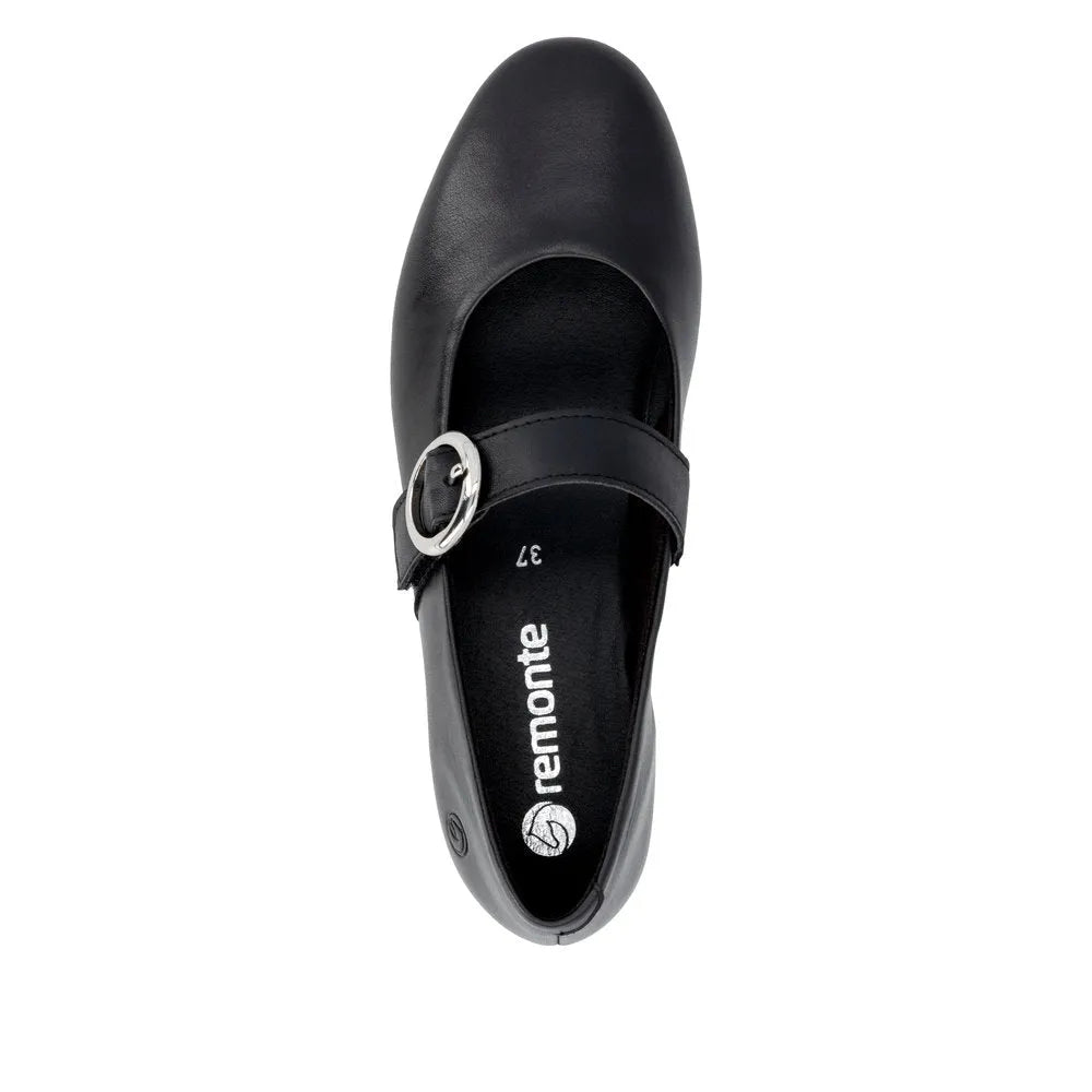 Black leather ladies' shoes with touch fastening strap, silver buckle detail, rounded toe, and Remonte branding inside.