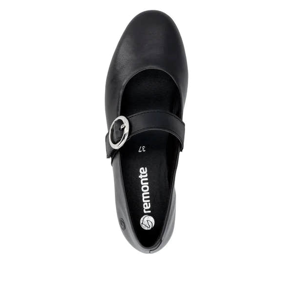 Black leather ladies' shoes with touch fastening strap, silver buckle detail, rounded toe, and Remonte branding inside.