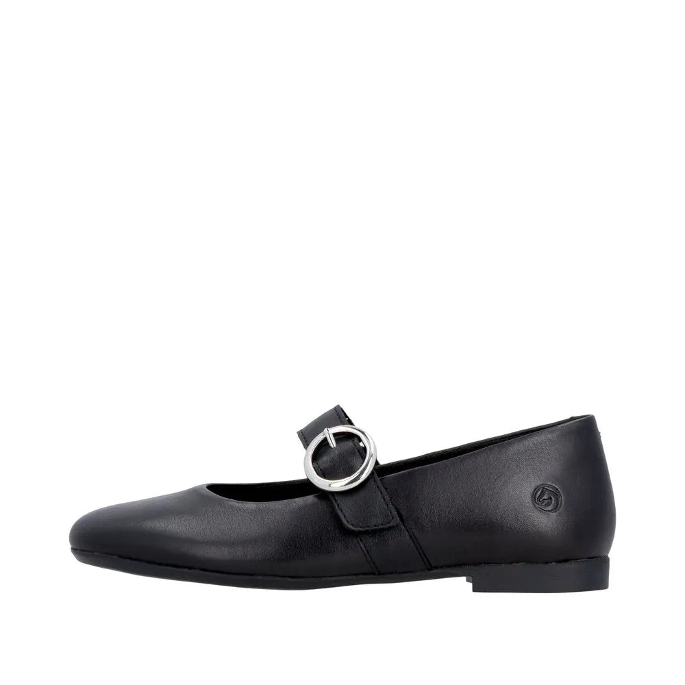 Black leather women's touch-fastening shoes with a rounded toe and silver buckle detail.