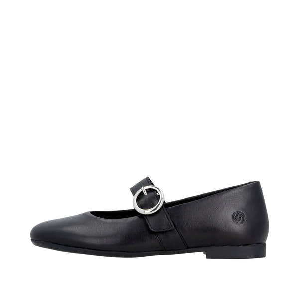 Black leather women's touch-fastening shoes with a rounded toe and silver buckle detail.