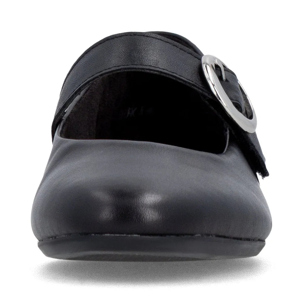 Black leather ladies' slip-on shoes with touch fastening and silver buckle detail.