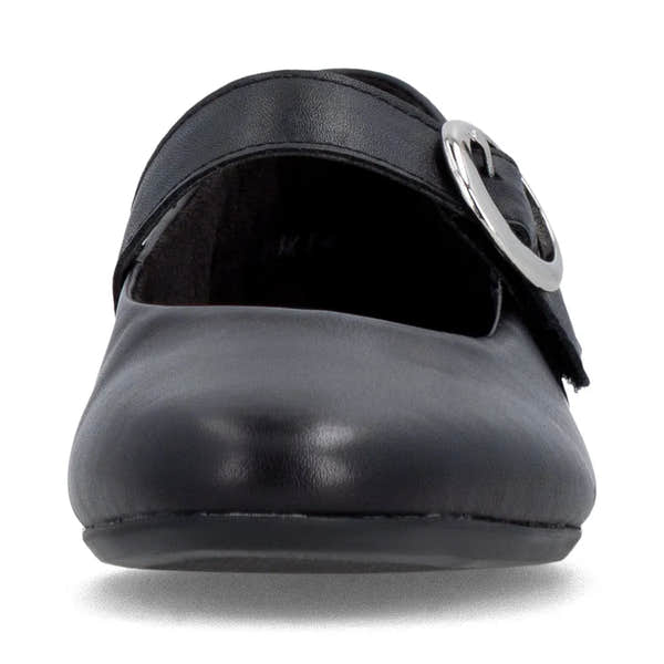 Black leather ladies' slip-on shoes with touch fastening and silver buckle detail.