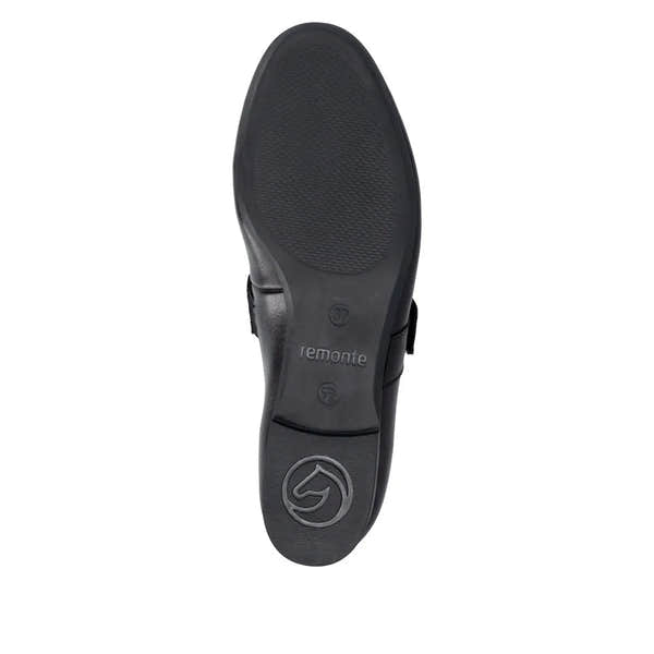 Black leather ladies' touch-fastening shoes with a textured sole and silver logo detail on the heel.