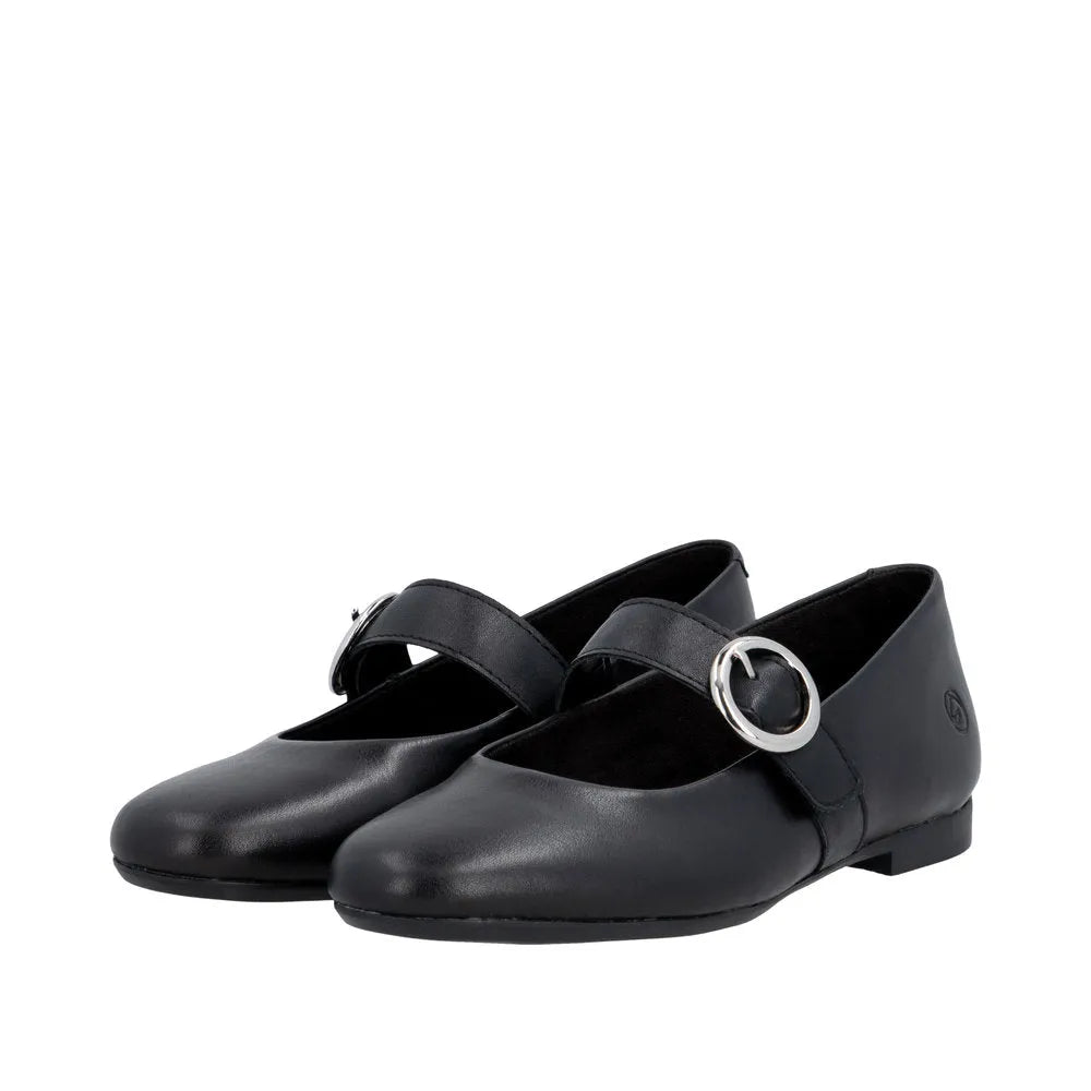 Ladies' black leather flat shoes with touch fastening strap and decorative silver buckle detail. Stylish and comfortable design.