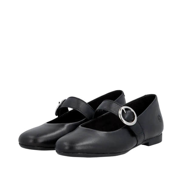 Ladies' black leather flat shoes with touch fastening strap and decorative silver buckle detail. Stylish and comfortable design.