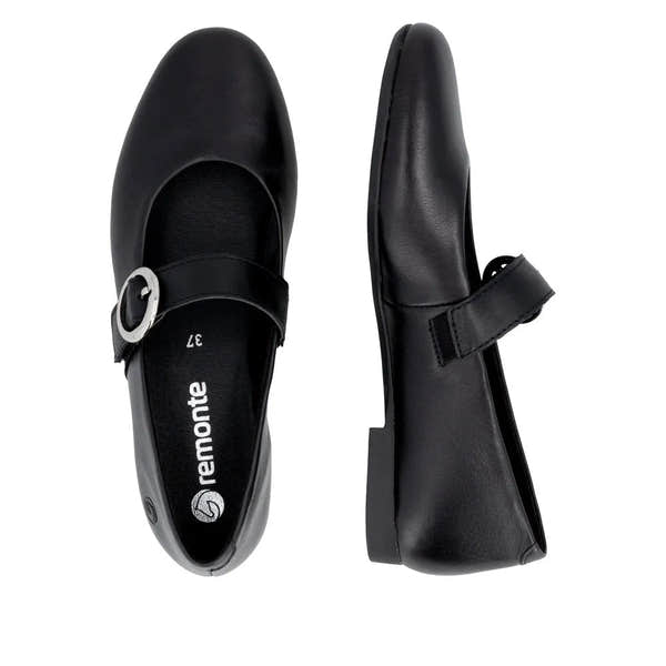 Black leather ladies touch-fastening shoes with a rounded toe and silver buckle detail.