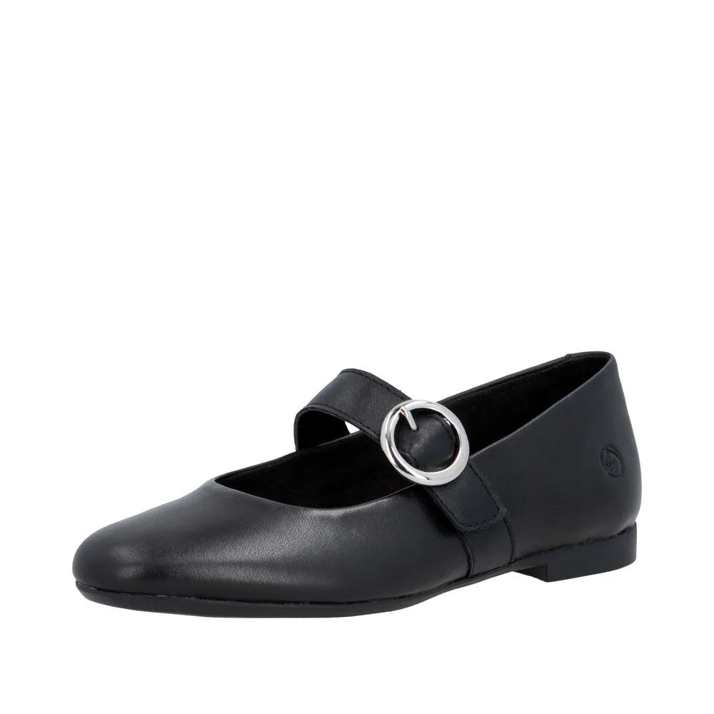 Black leather ladies' shoes with a touch fastening strap and silver circular buckle detail, featuring a sleek, flat design.