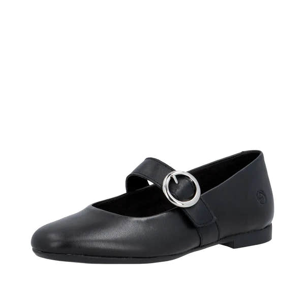 Black leather ladies' shoes with a touch fastening strap and silver circular buckle detail, featuring a sleek, flat design.