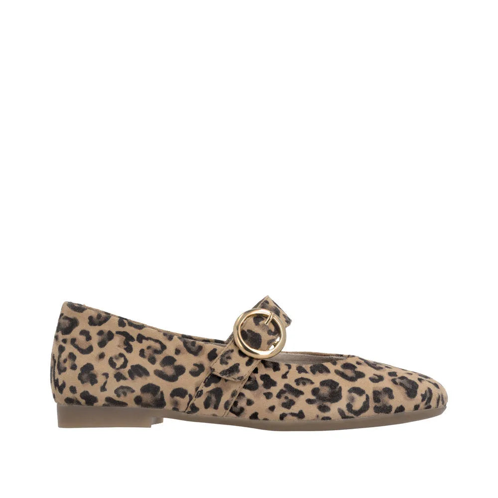 Leopard print suede slip-on shoes with touch fastening strap and gold circular buckle, stylish and comfortable for women.