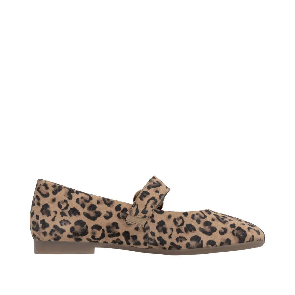 Leopard print suede touch fastening flat shoe for women, stylish and comfortable.