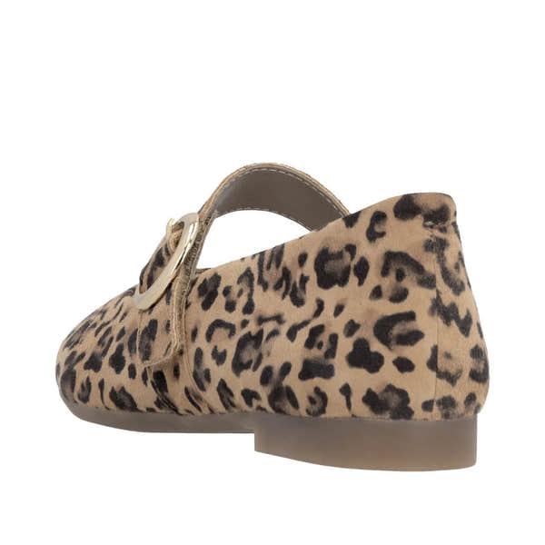 Leopard print suede touch fastening women's flat shoes with gold buckle detail.