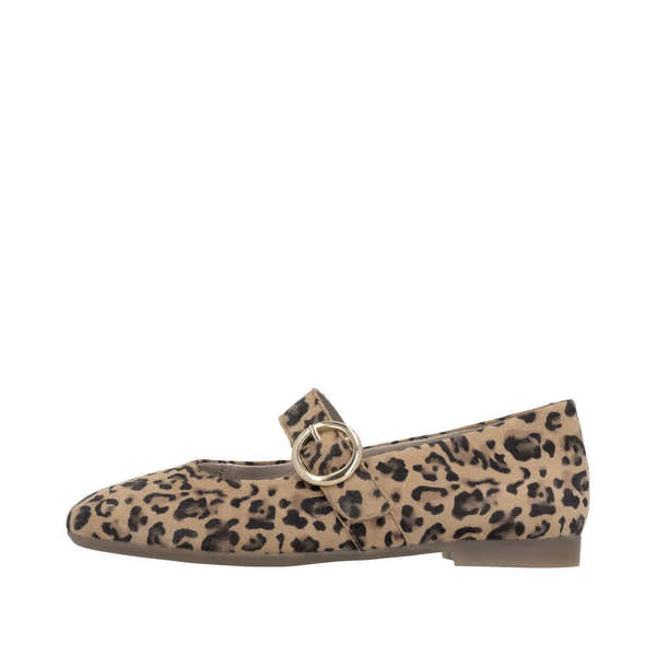 Beige suede shoes with a leopard print, featuring a touch fastening strap and gold buckle detail. Casual flat style.