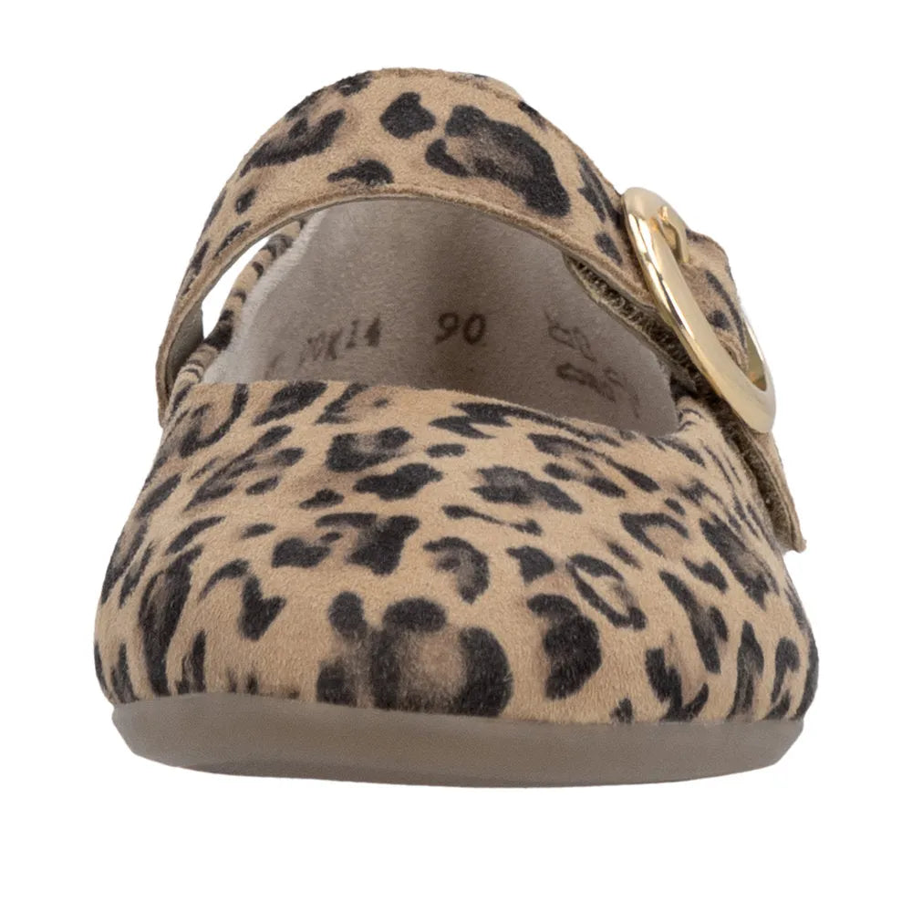Leopard print suede slip-on shoe with a touch fastening strap and gold buckle details.