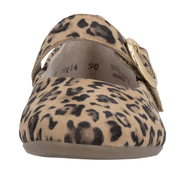 Leopard print suede slip-on shoe with a touch fastening strap and gold buckle details.