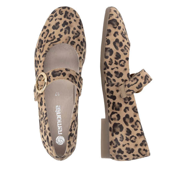 Leopard print suede shoes with touch fastenings and a gold buckle, designed for ladies.