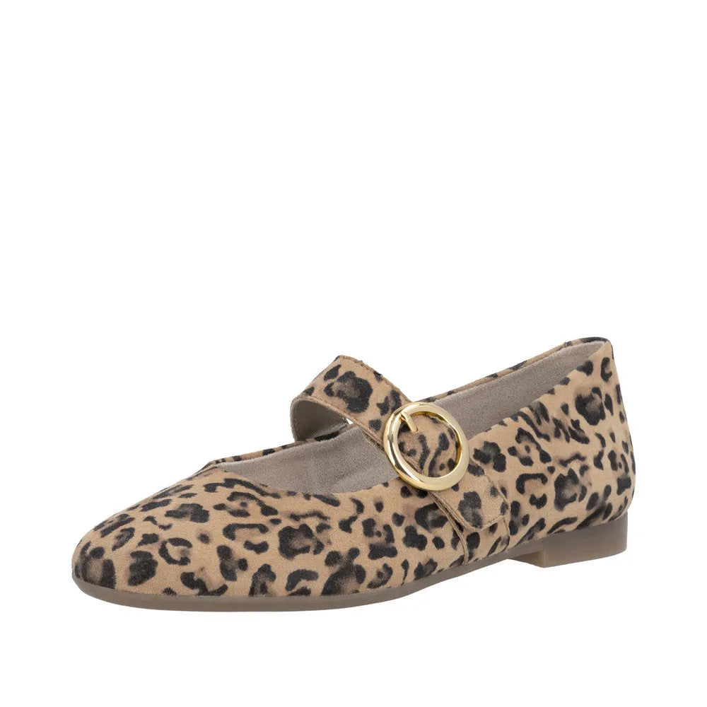 Leopard print suede shoes with a touch fastening strap and gold circular detail. Elegant flat design for casual wear.