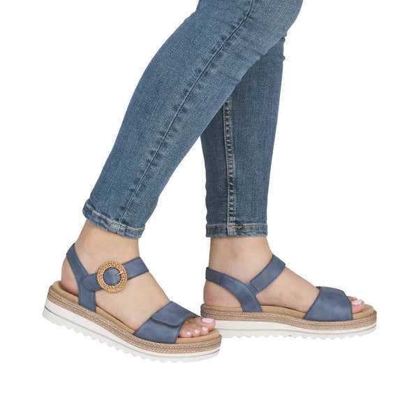 Remonte D0Q52-14 women's navy denim leather touch fastening sandals with chunky white sole and decorative buckle.