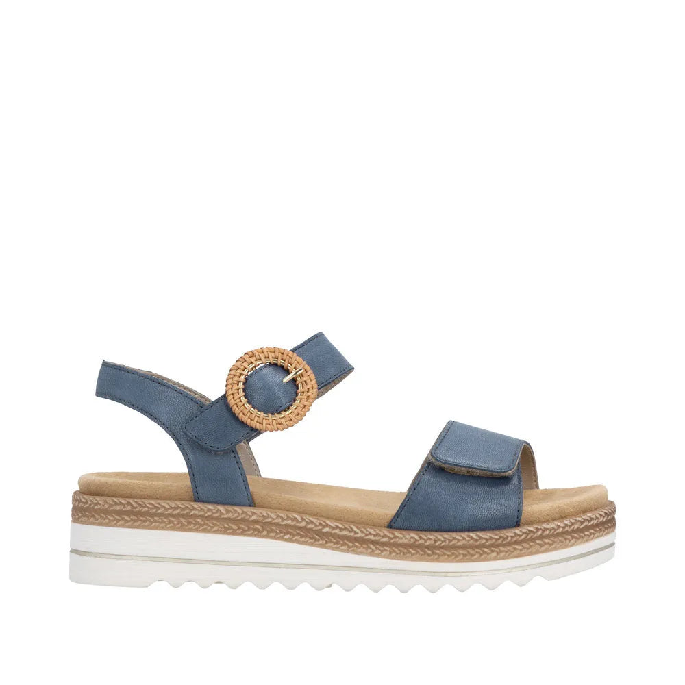 Remonte D0Q52-14 women's navy denim leather touch fastening sandals with woven buckle, cushioned sole, and chunky white and tan sole.