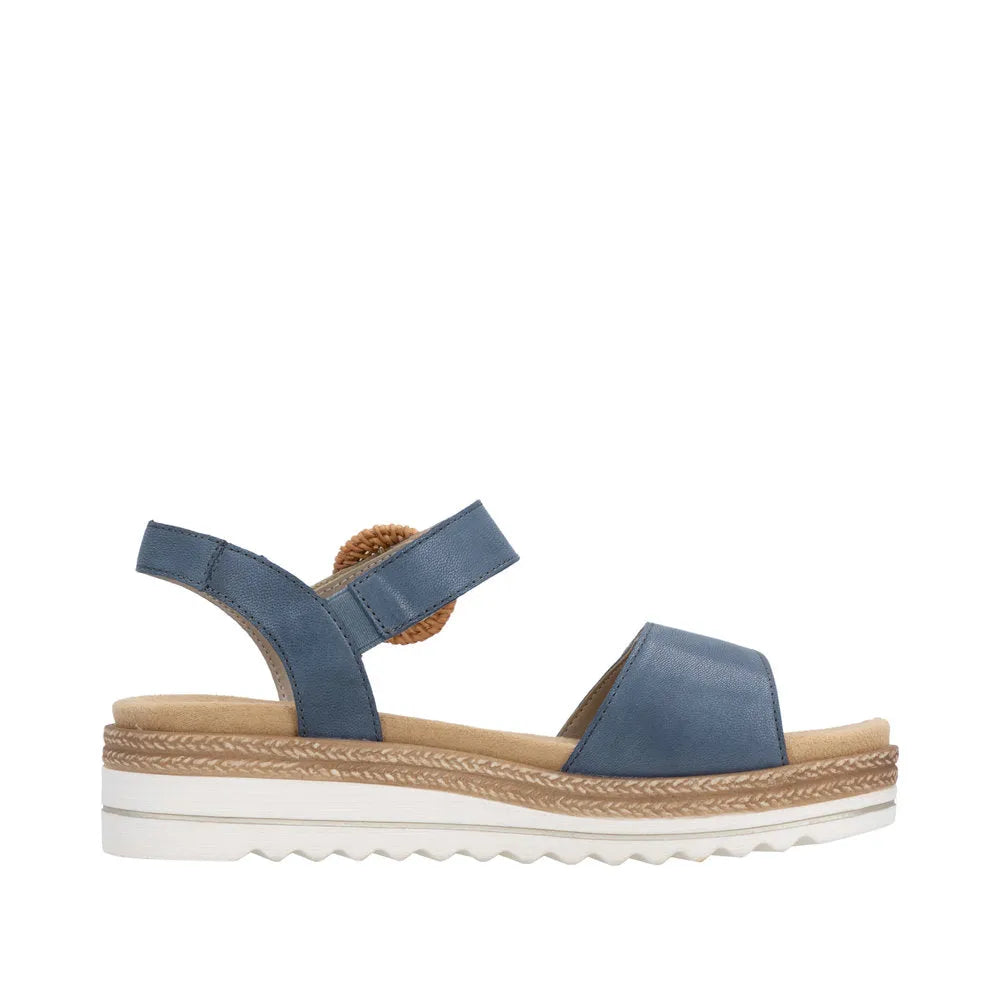 Remonte women's navy denim leather touch fastening sandals with adjustable straps and cushioned sole.