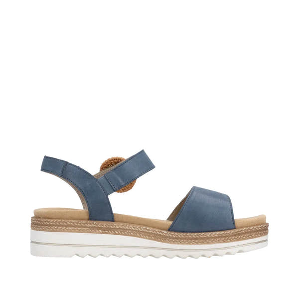 Remonte women's navy denim leather touch fastening sandals with adjustable straps and cushioned sole.