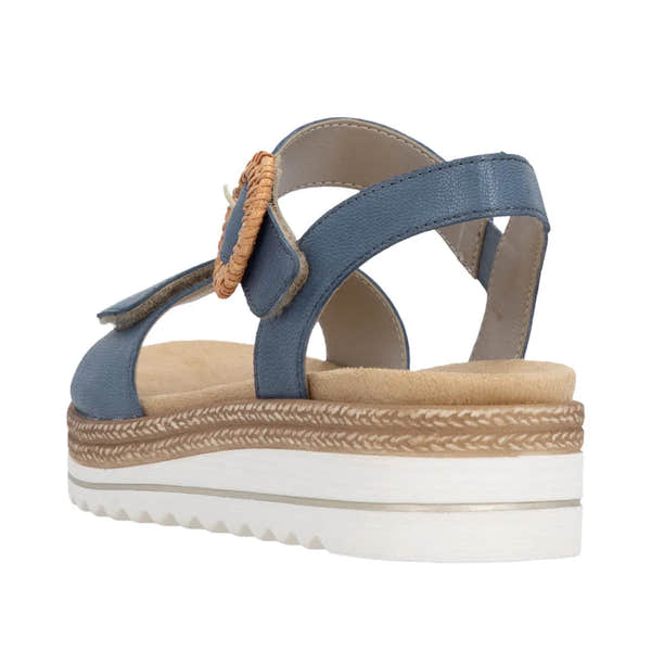 Remonte D0Q52-14 Ladies navy denim leather touch fastening sandals with platform sole and woven espadrille detail.
