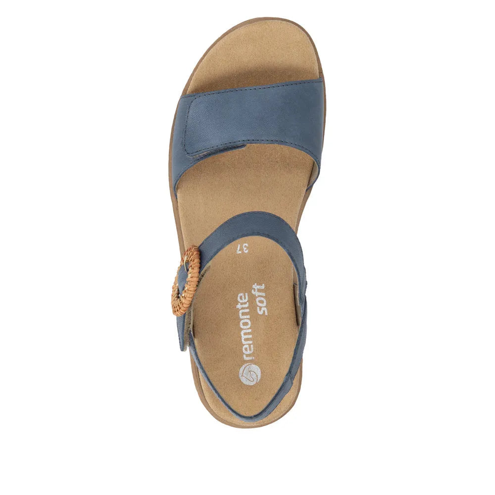 Remonte D0Q52-14 women's navy denim leather touch fastening sandals with cushioned footbed and ankle strap.