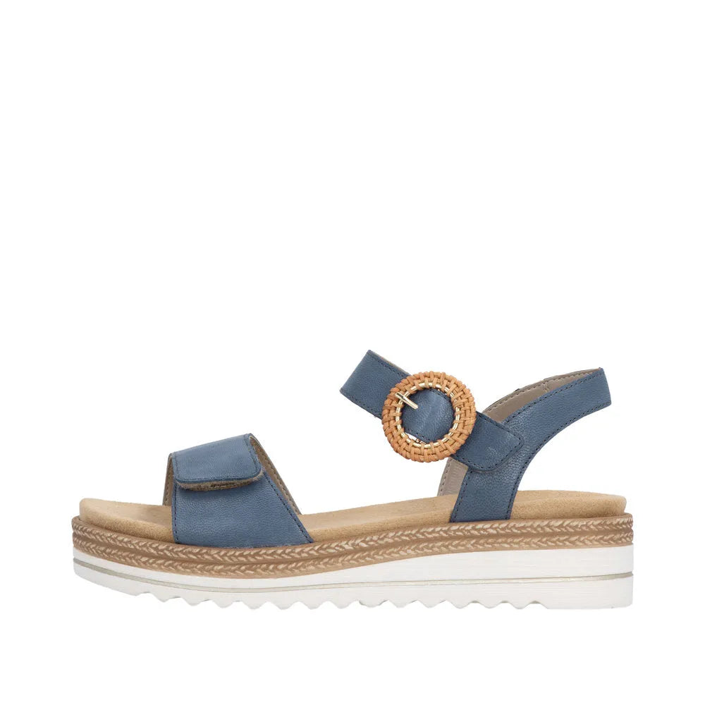 Remonte D0Q52-14 women's navy denim leather touch fastening sandals with circular buckle, cushioned sole, and platform style.