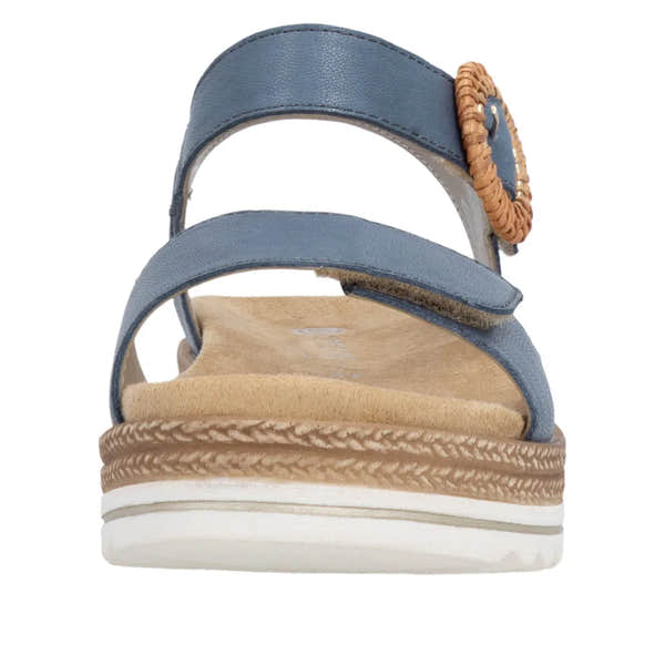 Remonte D0Q52-14 women's navy denim leather touch fastening sandals with cushioned insole and braided sole detail.