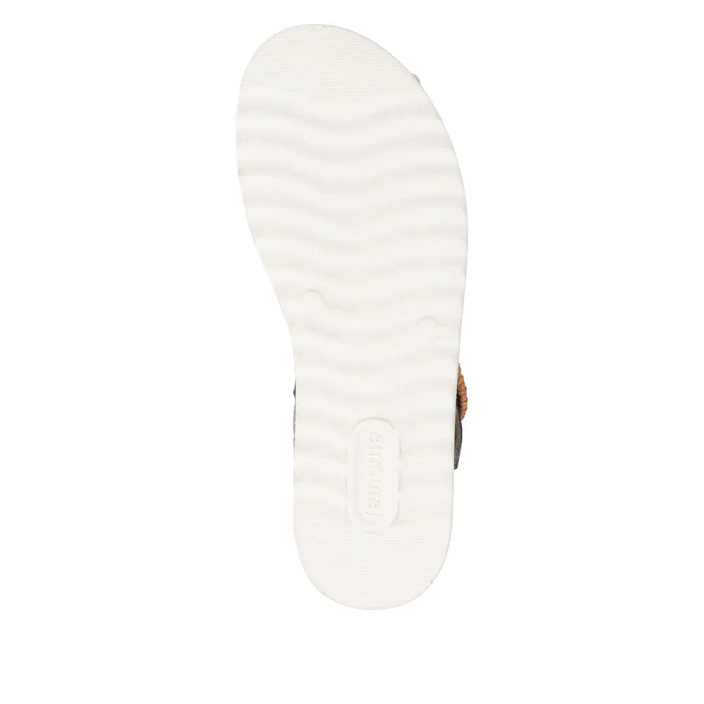 Remonte D0Q52-14 women's navy denim leather touch-fastening sandals with cushioned white sole.