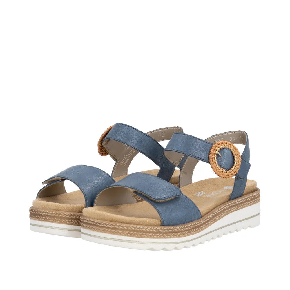 Remonte D0Q52-14 women's navy denim leather touch-fastening sandals with cushioned insole and platform sole.