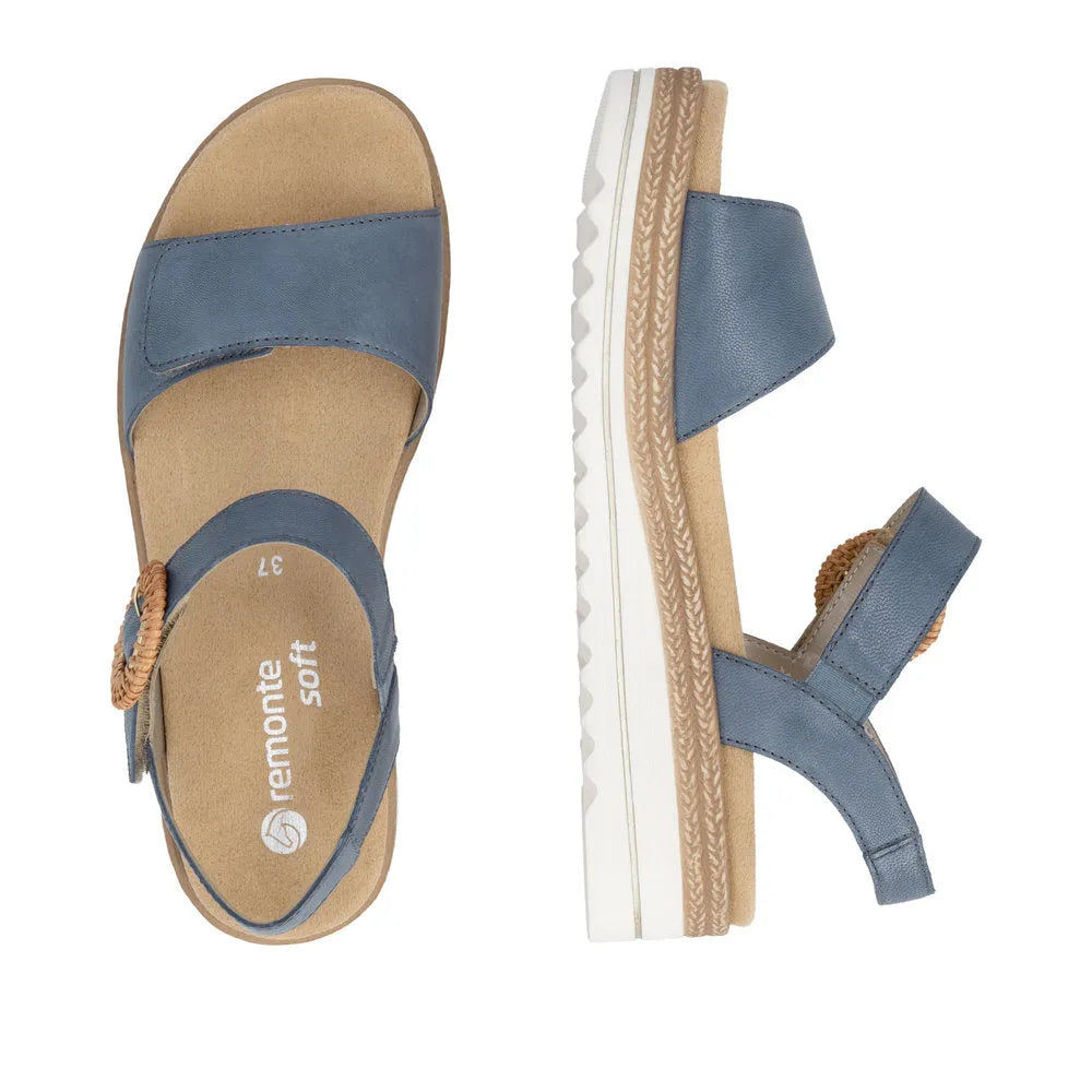 Remonte D0Q52-14 women's navy denim leather touch fastening sandals with cushioned insole and textured sole.