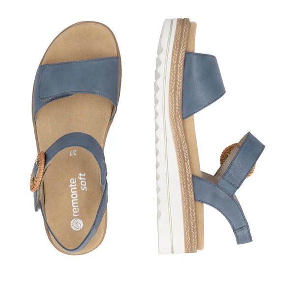 Remonte D0Q52-14 women's navy denim leather touch fastening sandals with cushioned insole and textured sole.