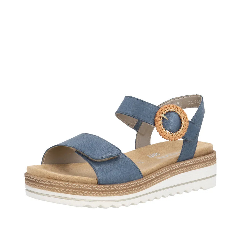 Remonte D0Q52-14 women's navy denim leather touch fastening sandals with ankle strap and decorative circular buckle.